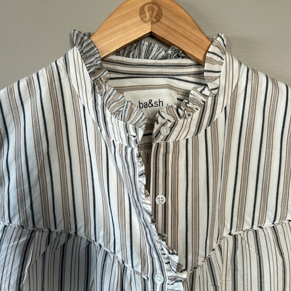 Ba&sh Luz Striped Button Front Shirt Feminine Ruffle Detail Sz M 100% Cotton - Picture 2 of 11